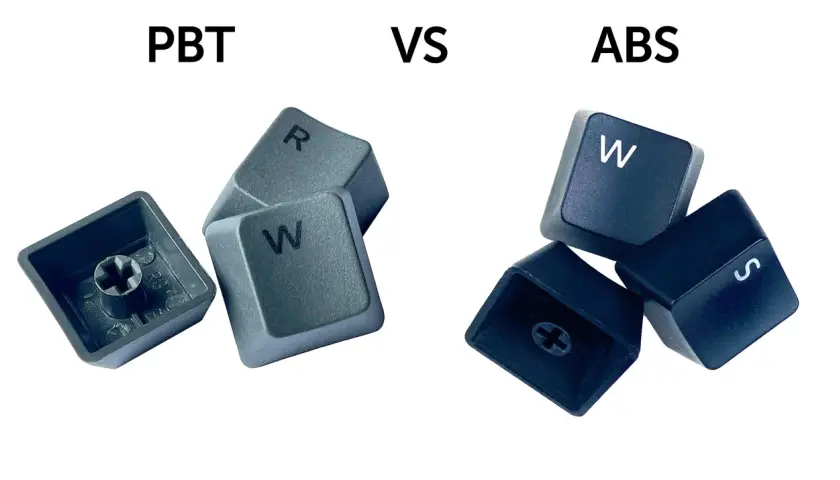 PBT vs ABS Tastenkappen: Graue PBT-Tasten (R, W) und schwarze ABS-Tasten (W, S) mit ihren jeweiligen Unterseiten.