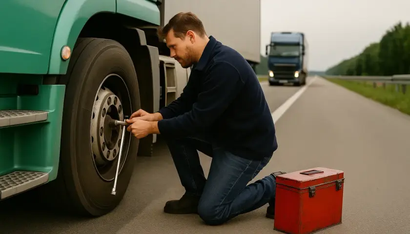 Kierowca naprawia koło w zielonym tirze diesel na poboczu drogi. Obok stoi czerwona skrzynka z narzędziami.