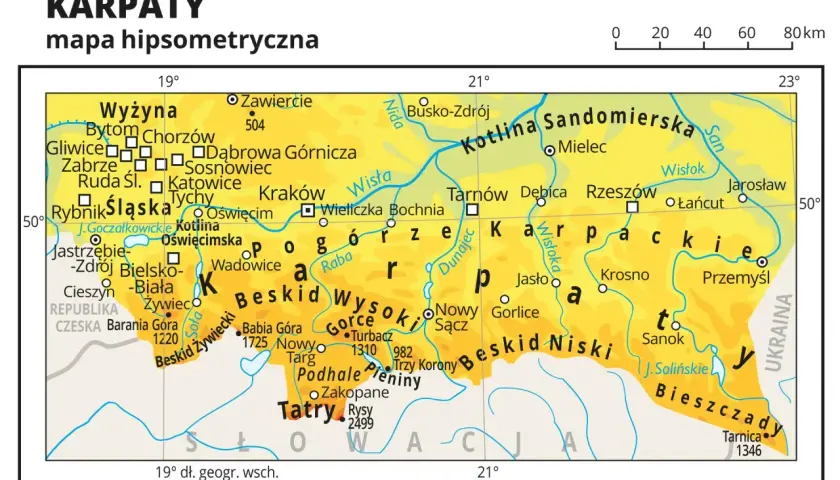 Mapa pokazuje, gdzie leżą Beskidy, Tatry i Bieszczady w Karpatach, z zaznaczonymi miastami i rzekami.