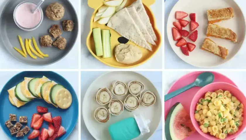 Sześć talerzy z propozycjami na szybki obiad dla dzieci: muffinki, kanapki, owoce, warzywa i makaron.