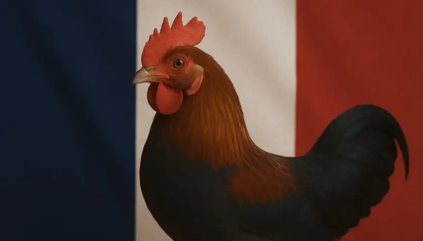 Dumny kogut, symbol Francji, na tle trójkolorowej flagi.