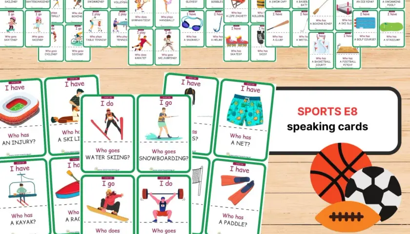 Karty do nauki nazwy sportów po angielsku: sailing, skateboarding, swimming, volleyball, boxing, gymnastics, karate, weightlifting, climbing, snowboarding, water skiing, cycling, diving, skiing, ski jumping, kayaking, handball, tennis, table tennis, go...