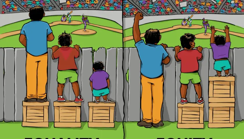 The image illustrates why equity is important in the workplace: "Equality" shows everyone getting the same box, but only some can see. "Equity" gives boxes based on need, allowing everyone to watch the game.