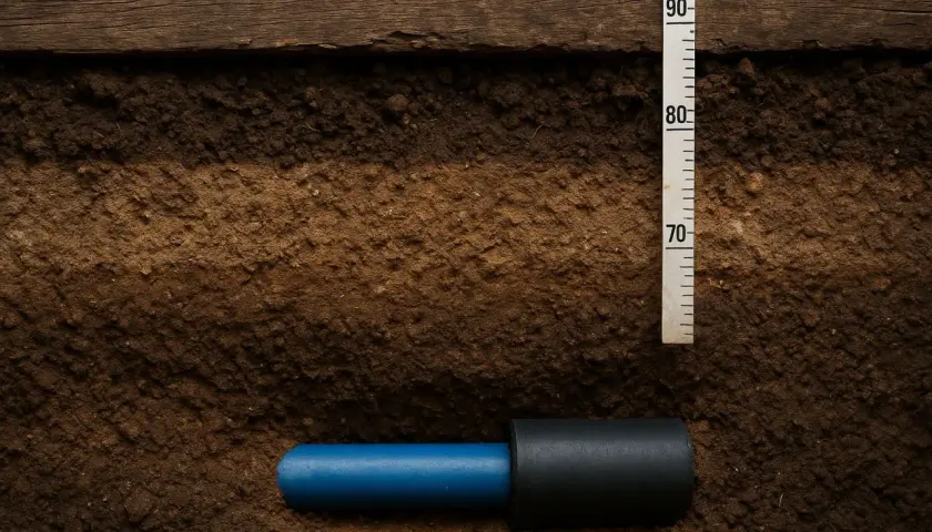Widok przekroju gleby z widocznym przyłączem wod-kan. Obok miarka z podziałką od 70 do 90 cm.
