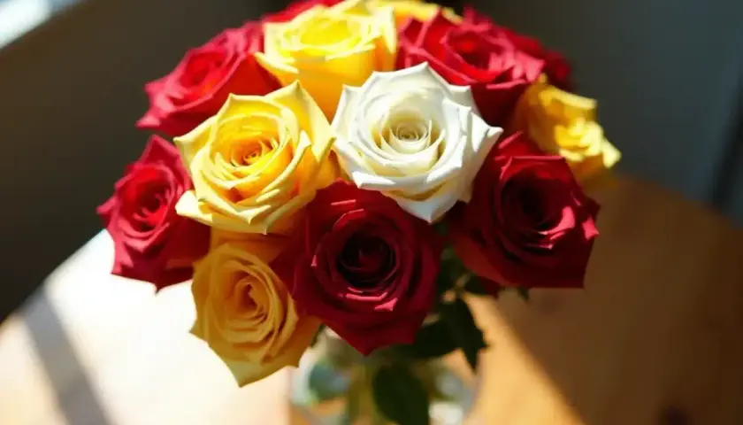 Un bouquet de roses rouges, jaunes et une blanche. La signification de 3 roses rouges est souvent l'amour éternel.