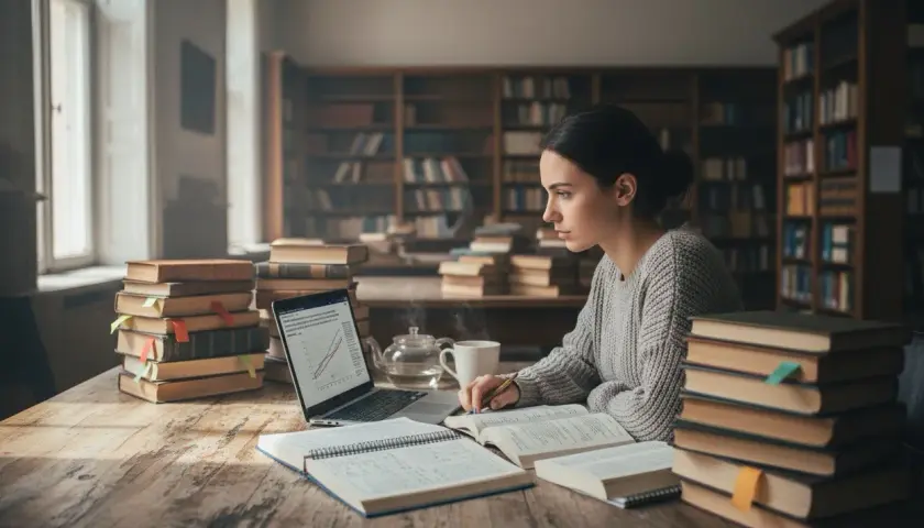 Studentka w bibliotece pochłonięta nauką. Zastanawia się, ile trwa doktorat, otoczona stertami książek i notatek.