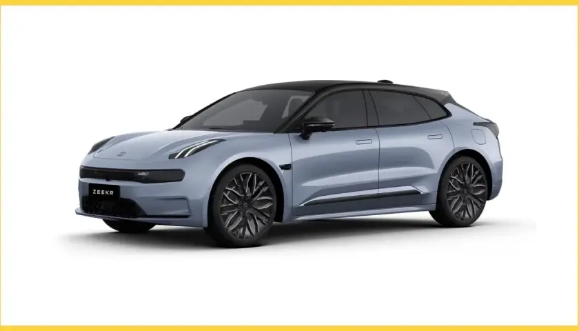 Niebieski samochód elektryczny Zeekr 001 z czarnym dachem i przyciemnianymi szybami, prezentujący nowoczesny design.