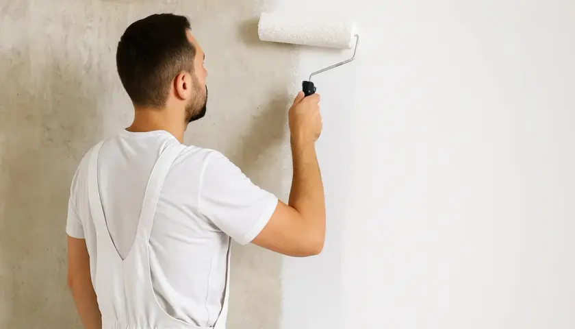 Mann trägt mit einer Rolle Rollputz auf eine Wand auf. Die Wand wird von rauem Beton zu glattem Weiß verändert.