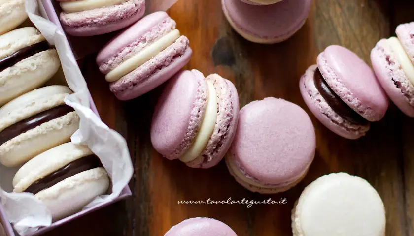 Deliziosi macarons viola e bianchi, perfetti per chi cerca una ricetta facile.