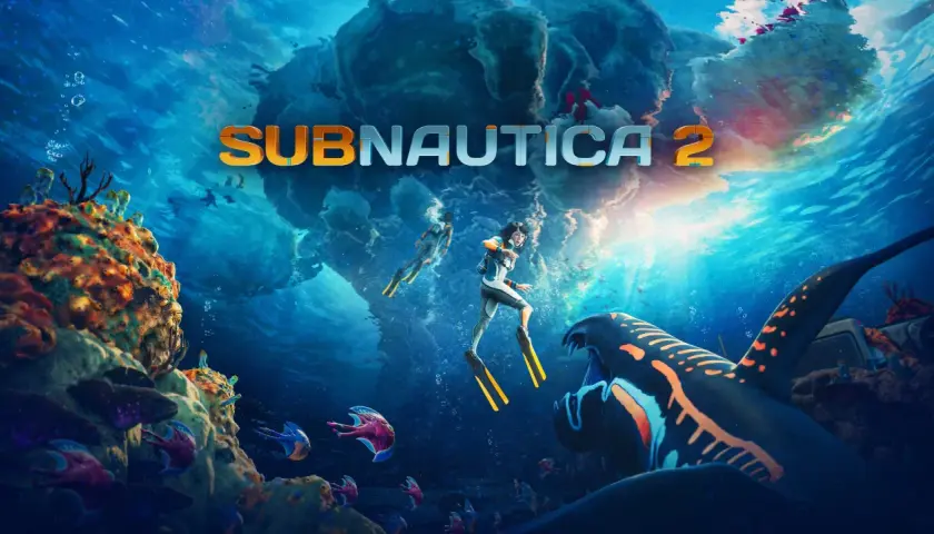 Plongez dans l'univers de Subnautica 2. Deux explorateurs sous-marins nagent près d'un récif coloré, tandis qu'un prédateur géant surgit. La config du jeu promet des aventures aquatiques.
