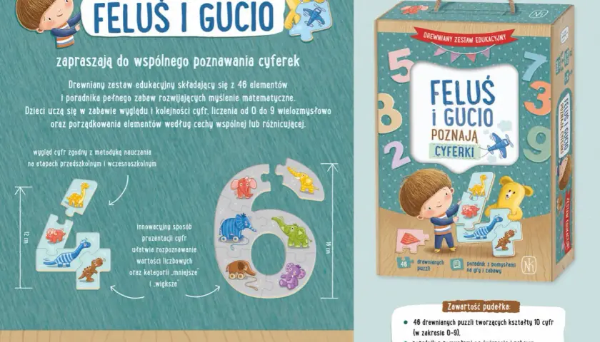 Feluś i Gucio zapraszają do nauki cyferek przez zabawę drewnianymi puzzlami. Zestaw zawiera 46 elementów i poradnik.