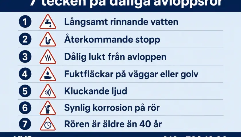 7 tecken på dåliga avloppsrör: långsamt vatten, stopp, lukt, fuktfläckar, ljud, korrosion, ålder. Undvik nackdelar med relining genom att åtgärda dessa problem.