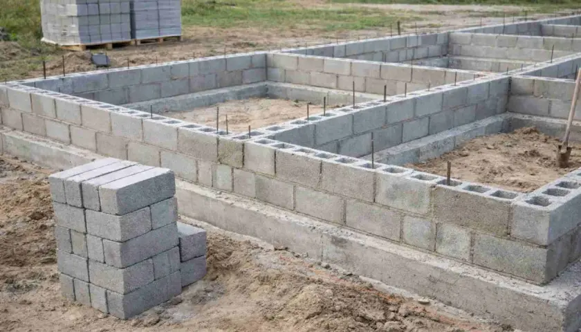 Fundament domu powstaje z pustaków. Bloczek budowlany tworzy solidne ściany fundamentowe, a na placu budowy widać zapas materiału.