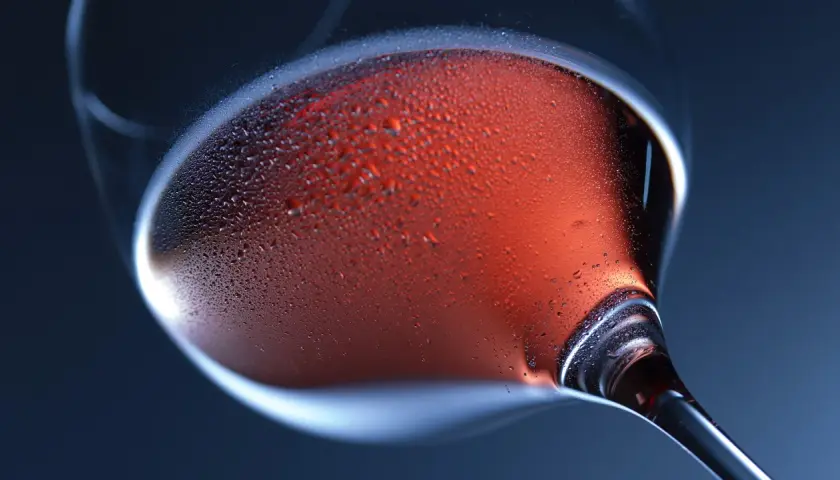 Un bicchiere di vino rosato, con goccioline di condensa sulla superficie, evoca la freschezza e l'eleganza della vinificazione in rosato.