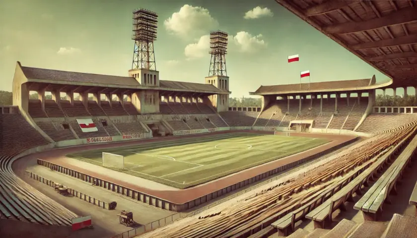 Stary stadion, gdzie rodziły się najstarsze kluby piłkarskie w Polsce. Widać trybuny, boisko i maszty oświetleniowe.
