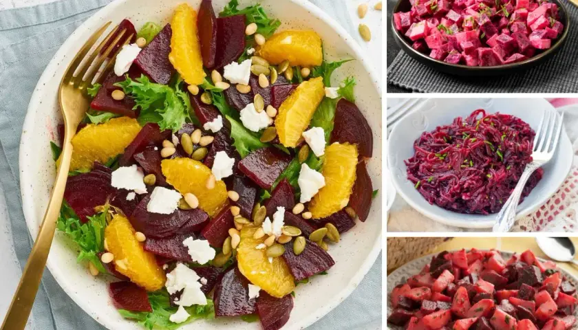 Ensalada de remolacha vibrante con naranja, queso feta y semillas. Otras preparaciones de remolacha en el collage.