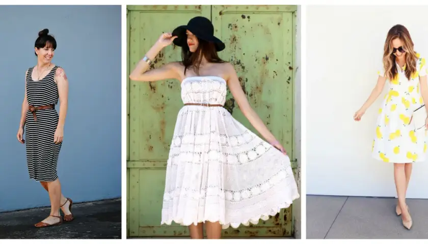 Three women showcase stylish DIY summer dresses: a striped midi, a white lace strapless, and a lemon-print A-line.