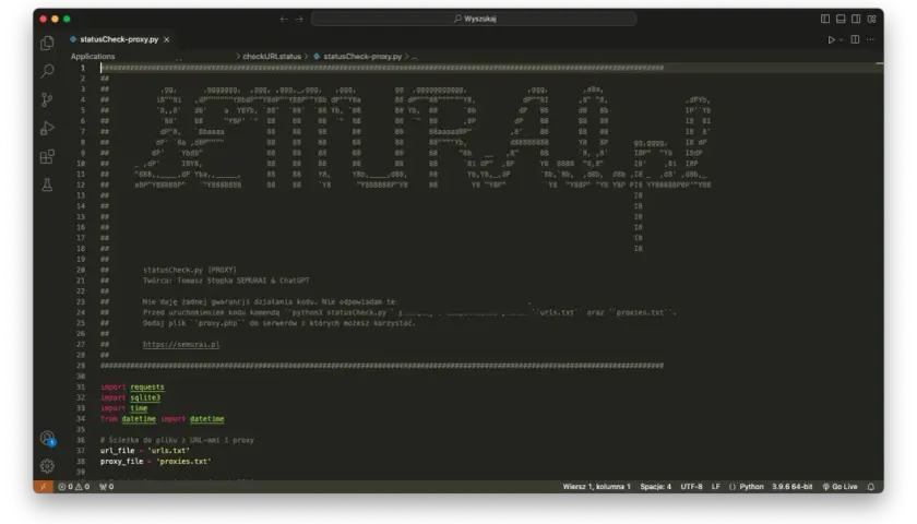 Kod Pythona z komentarzami, importami i ścieżkami do plików `urls.txt` i `proxies.txt`. Pokazuje luźne powiązanie między modułami.
