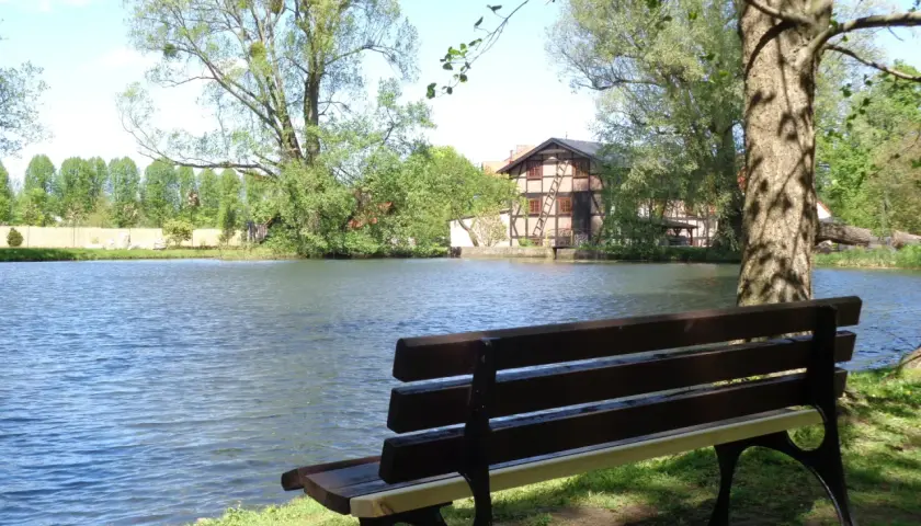 Ławka nad jeziorem, idealne miejsce na chwilę wytchnienia w **dolinie radości**. W tle dom z muru pruskiego i bujna zieleń.