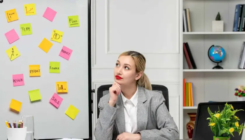 Kobieta zastanawia się nad strategią marketingową. Na tablicy karteczki z hasłami: "TEAM", "PRODUCT", "SALE", "DESIGN", "MONEY", "FINANCE", "PLAN".