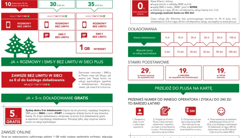 Plus na kartę kody: rozmowy, SMS-y i internet bez limitu, doładowania od 5 zł, 5. doładowanie gratis. Przenieś numer i zyskaj do 240 zł.