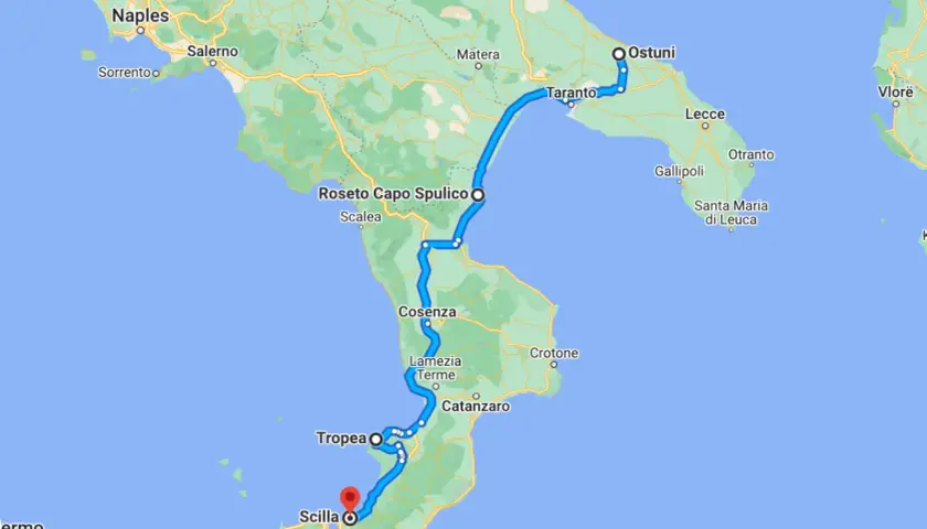 Map showing a road trip route from Naples through Calabria, Italy, passing cities like Cosenza, Tropea, and Scilla.