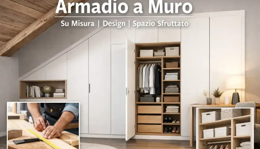Armadio a muro fai da te, su misura, con interni ben organizzati e un inserto che mostra la lavorazione del legno.