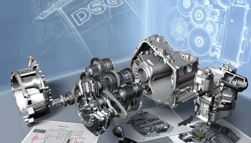Rozłożony na części mechanizm skrzyni biegów DSG DQ200, z widocznymi trybami, wałkami i schematami technicznymi.