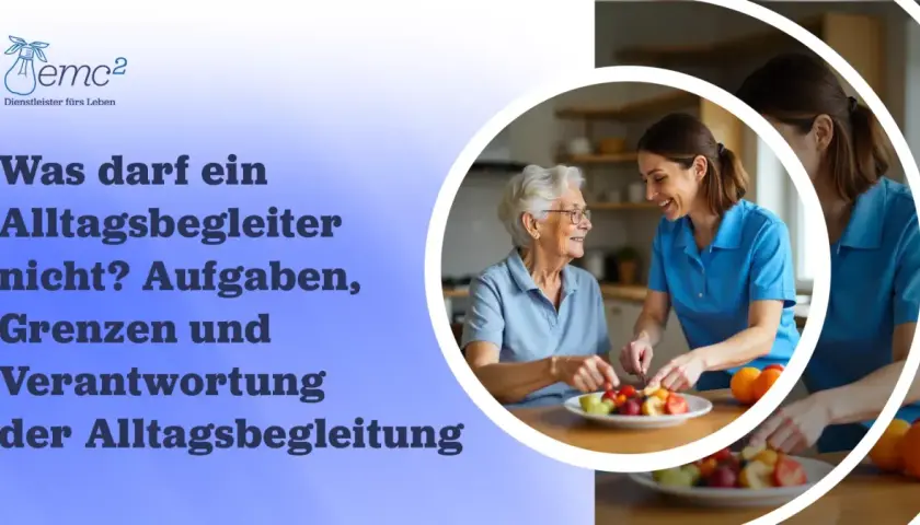 Eine freundliche Alltagsbegleiterin bereitet mit einer älteren Dame Obst zu. Die Aufgaben und Grenzen der Alltagsbegleitung werden thematisiert.