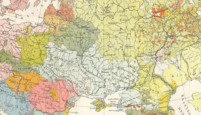 Mapa Europy Wschodniej z zaznaczoną granicą państwową między Polską a Rosją, z widocznymi miastami i regionami etnicznymi.