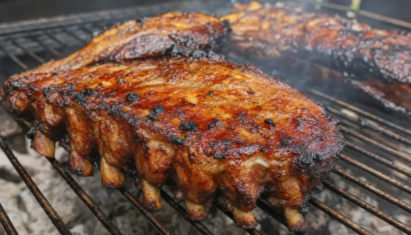 Côtes levées grillées, fumantes et caramélisées, parfaites pour une recette d'épices barbecue.
