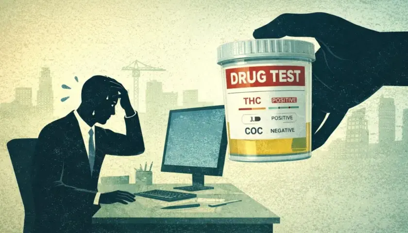 Un uomo preoccupato al computer, una mano offre un contenitore per il test per scoprire se tuo figlio si droga.