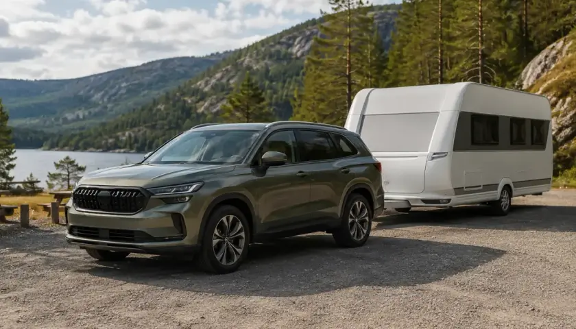 Grön Skoda Kodiaq drar en husvagn vid en sjö i Sverige. Perfekt för ett skoda kodiaq test i naturen.