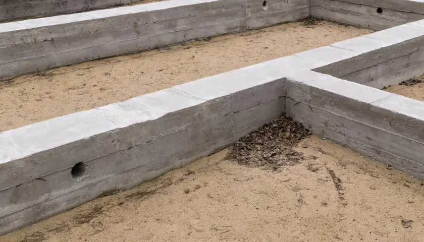 Betonowe fundamenty tworzą zarys przyszłego domu. To stan zero budynku, gdzie piasek i liście tworzą naturalne wypełnienie.