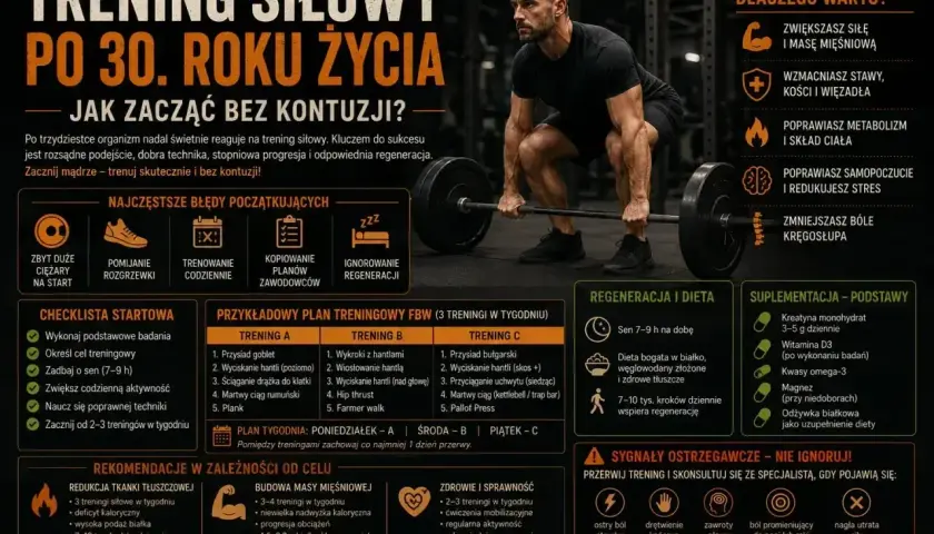Mężczyzna podnosi sztangę. Grafika przedstawia plan treningowy po 30. roku życia, z ćwiczeniami, dietą i suplementacją.
