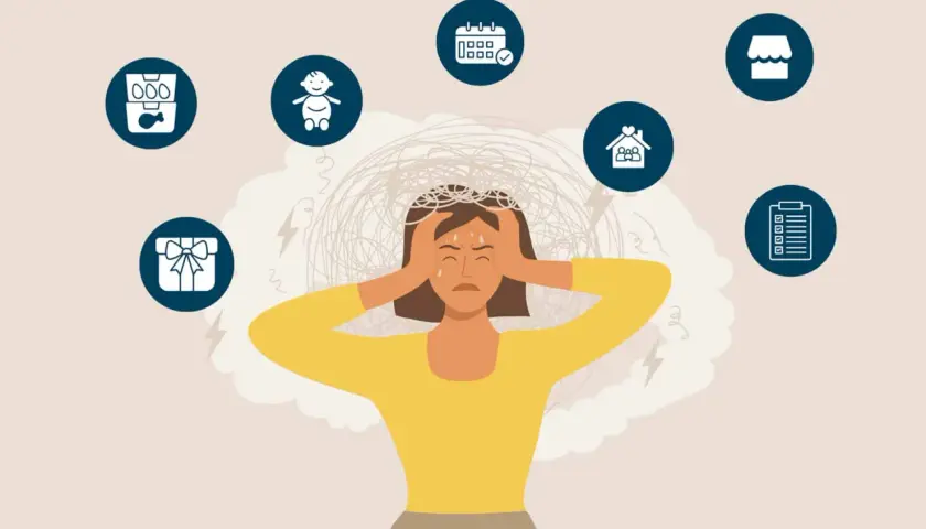 Überforderte Frau mit Händen am Kopf, umgeben von Symbolen für Haushalt, Kind, Kalender, Einkaufen, Geschenk und To-Do-Liste. Der **mental load** ist spürbar.