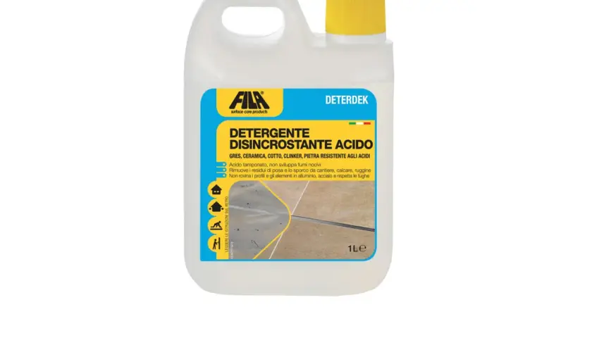 Detergente acido tamponato per gres e altre superfici resistenti. Rimuove sporco da cantiere, calcare e ruggine, rispettando fughe e metalli.