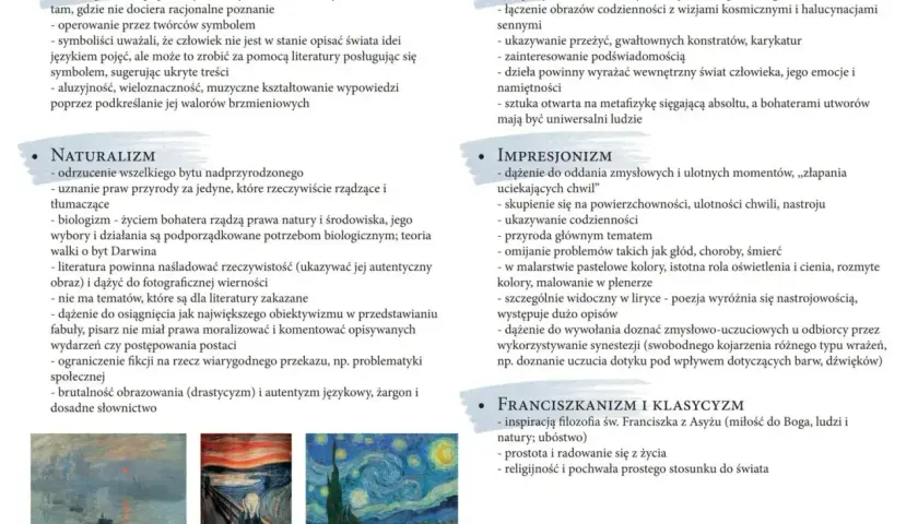 Młoda polska filozofia: symbolizm, naturalizm, ekspresjonizm, impresjonizm, franciszkanizm i klasycyzm. Obok dzieła Moneta, Muncha i Van Gogha.