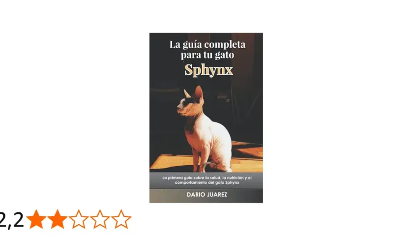Un elegante gato egipcio, un Sphynx, posa bajo la luz. La portada del libro "La guía completa para tu gato Sphynx" promete información sobre salud y nutrición.