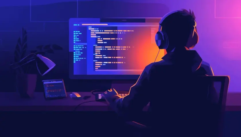 Programista w słuchawkach tworzy kod w **bun js** przy neonowym blasku monitora.