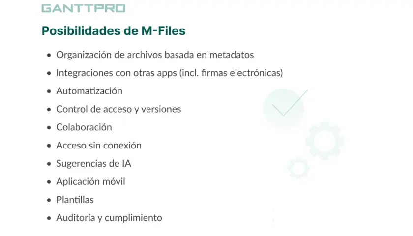 Lista de funcionalidades de M-Files, destacando la organización de archivos basada en metadatos, que explica el significado de metadatos en la gestión documental.