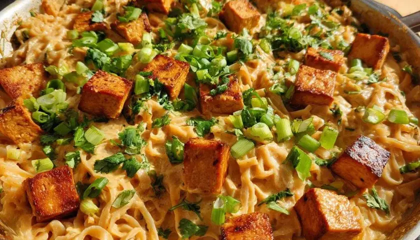 Pyszny makaron z tofu w kremowym sosie, posypany szczypiorkiem i kolendrą. Idealne danie dla wegan.