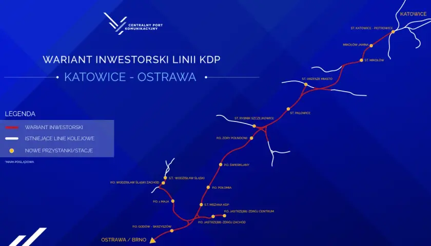 Mapa inwestycji kolejowej: wariant Katowice - Ostrawa. Czerwona linia to nowa trasa, białe linie to istniejące tory. Żółte kółka oznaczają nowe stacje.