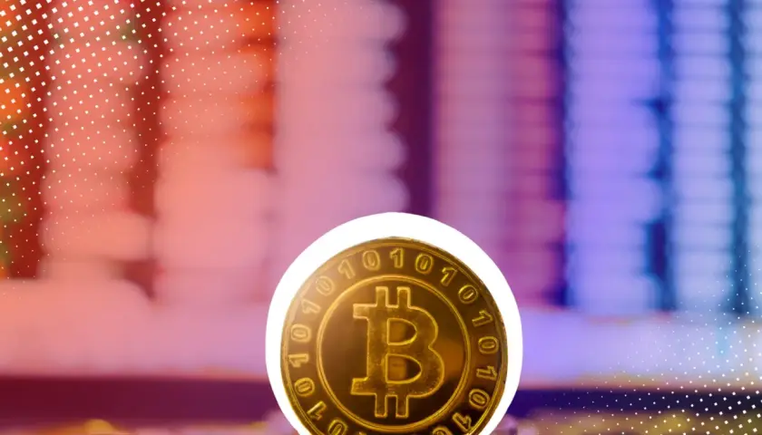 Goldene Bitcoin-Münze im Fokus, umgeben von unscharfen Stapeln. Ein Symbol für die Frage: wie werde ich schnell reich?