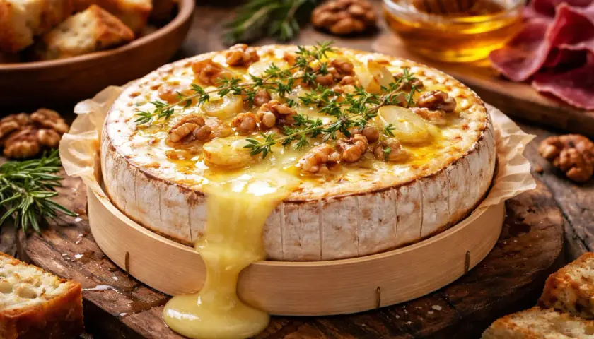 Coulommier au barbecue, fondant et garni de noix et de thym, prêt à être dégusté avec du pain grillé.