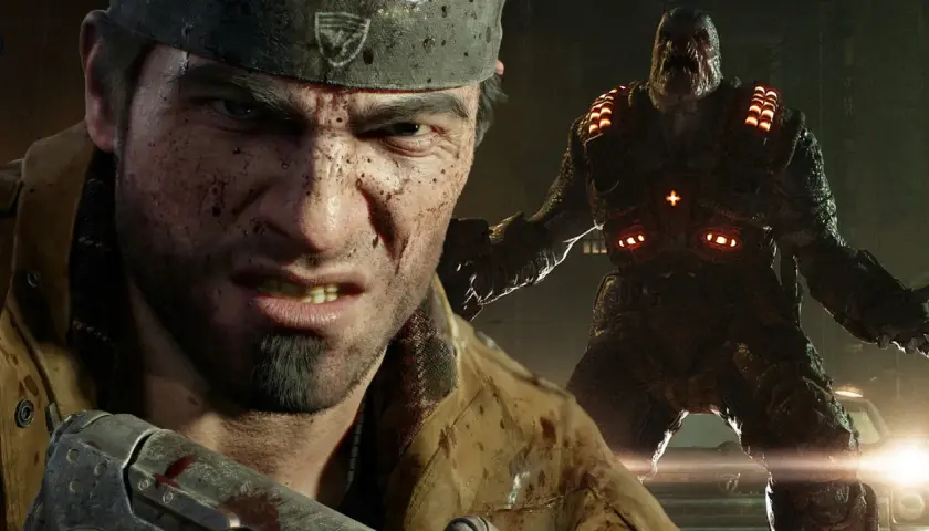 Ein Soldat im Kampf, im Hintergrund ein Locust-Krieger. Ein Moment aus Gears of War: E-Day.