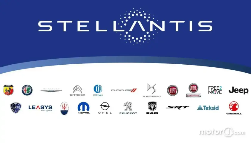 Loghi dei marchi del gruppo Stellantis: Abarth, Alfa Romeo, Chrysler, Citroën, Comau, Dodge, DS Automobiles, Fiat, Fiat Professional, Free2Move, Jeep, Lancia, Leasys, Maserati, Mopar, Opel, Peugeot, Ram, SRT, Teksid, Vauxhall.