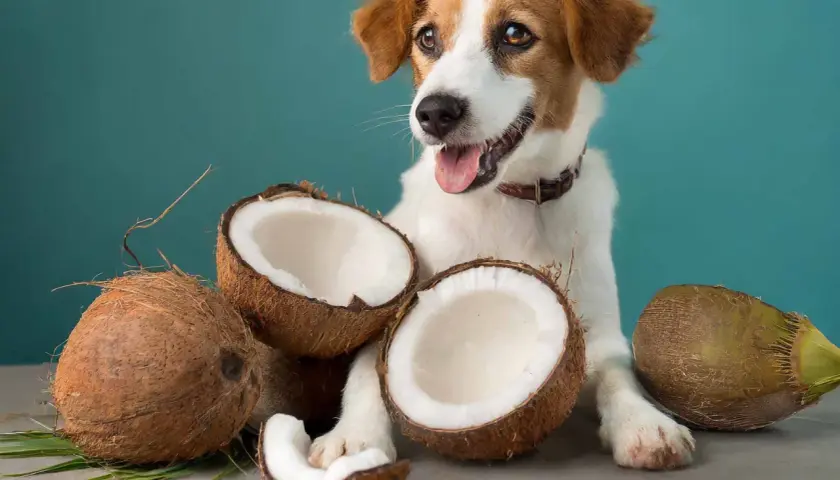 A happy dog sits with coconuts, hinting at whether coconut oil is good for dogs.
