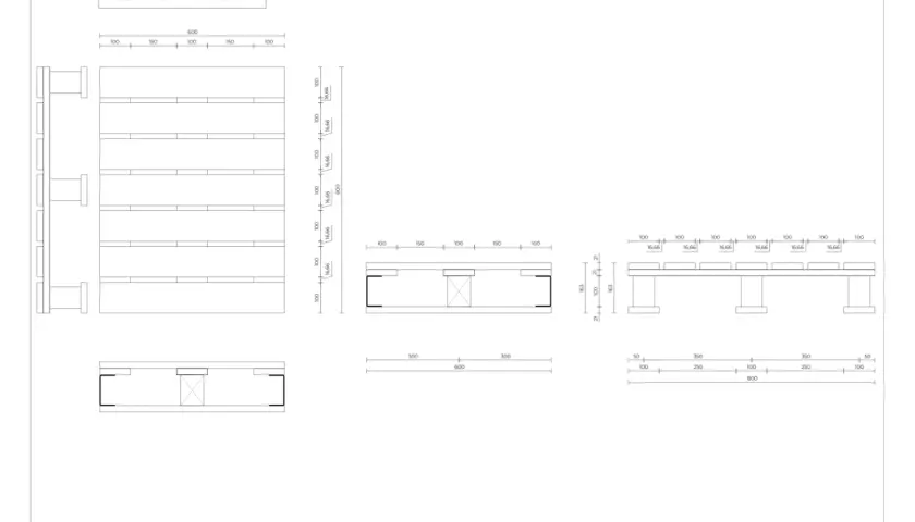 Rysunek techniczny przedstawia wymiary półpalety 600x800 mm, z podziałką i wymiarami poszczególnych elementów.