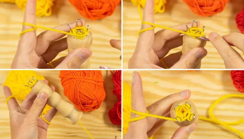 Schritt-für-Schritt-Anleitung zum Herstellen eines Strickliesel-Armbands mit gelbem Garn.